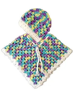 New Handmade Crochet Baby Poncho  Multi Colour's 0 To 3 Mths+Beenie Hat. L@@K! • £11.95