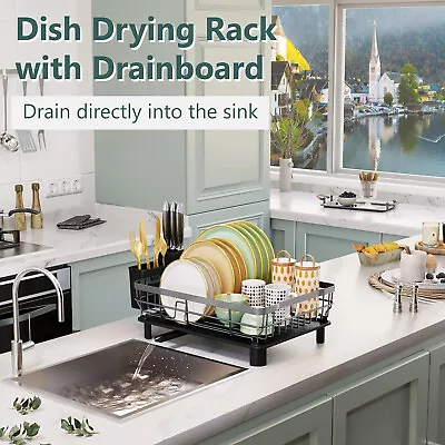 Dish Drainer Rack Kitchen Sink Drying Rack Bowl Plate Holder W/360°Drip Tray • $23.99