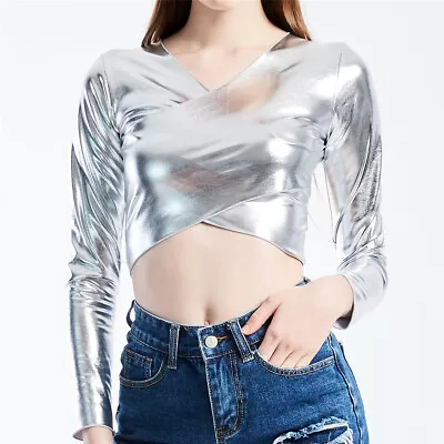 £13.69 • Buy Women Shiny Wrap Crop Top Metallic Liquid Long Sleeve Party Dance Sexy Shirt
