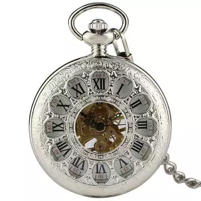 Mens Mechanical Pocket Watch Half Hunter Antique Style Silver/Golden With Chain • $15.80