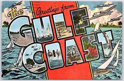 Postcard Greetings From The Gulf Coast Large Letter Sailboats Planes Linen MS05 • $4.75