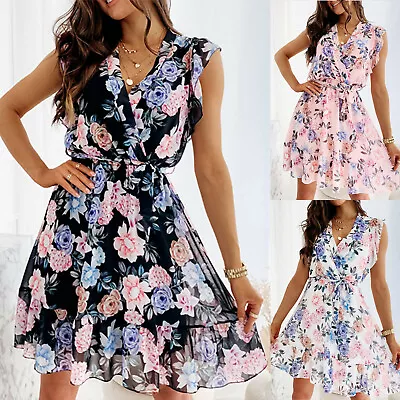$19.54 • Buy Women V Neck Floral Print Boho Mini Dress Ladies Summer Beach Holiday Sundress