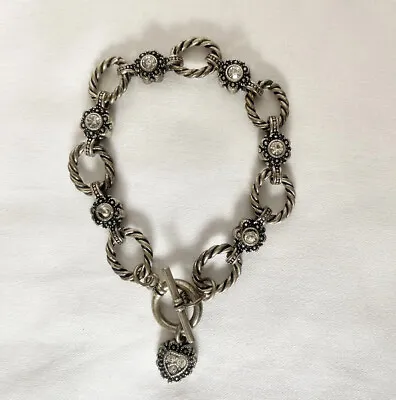Brighton Jewelry Vintage Silver Flower Heart Toggle Oval Link Women's Bracelet • $24.25