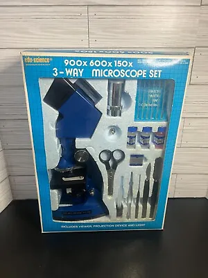 Vintage 1988 Edu-Science Blue 3-Way Microscope Set 900 X 600 X 150 - #277061 • $24.99