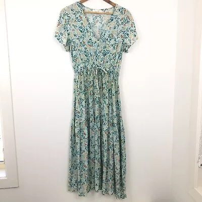 Miracle Blue Boho Floral Maxi Dress Size 8 Tiered Short Sleeve Lightweight • $34