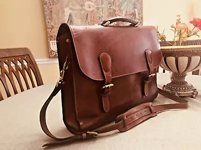 EDDIE BAUER   Thick  Saddle  Leather  Briefcase / Messenger Bag -  Made In USA • $325