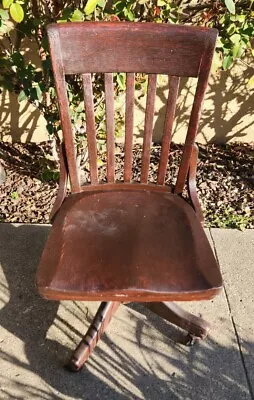 Antique Oak Wood Bankers Desk Chair Swivel Rolling Rocking • $369.95