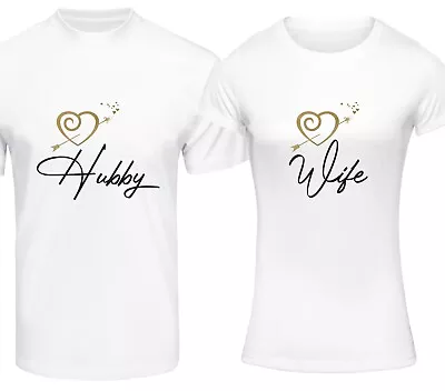 Matching Couple T-Shirts Set Just Married Wife Hubby Tshirt Couples Gift • £19.49