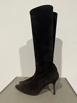 MANOLO BLAHNIK Pascalare Brown Stretch Suede Knee High Boots Stiletto 37 (US 7) • $150
