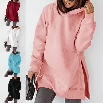 Womens Long Sleeve Fleece Hoodie Top Ladies Casual Split Baggy Hooded Sweatshirt • £14.99