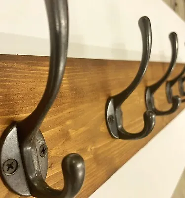 Handmade Farmhouse Rustic Wooden Coat Rack Vintage Cast Hooks • £19