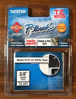 Brother P-Touch TZ-221 9mm 3/8 Black Print On White Tape Label Cartridge • $5.49