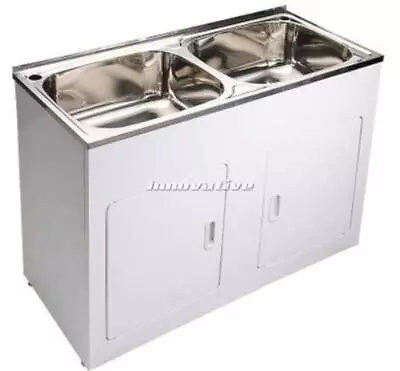 Dual Double Laundry Trough Sink & Cabinet White Metal 2x45 Litre Stainless Steel • $575
