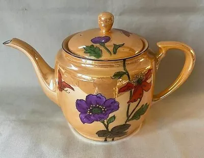 Beautiful Noritake Teapot Deco Abstract Flowers & Butterfly Gorgeous Tan Luster • $36.95