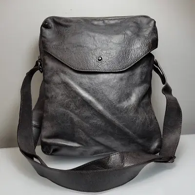 Banana Republic Messenger Bag Men Aged Charcoal Grey Leather Crossbody Vintage • $62