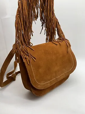 ZARA Suede Cross Body Bag VGC Messenger Cartridge Fringed Tassel Boho Festival • £38.42