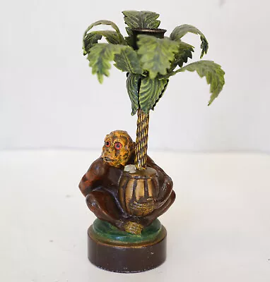 Antique Toleware Monkey Palm Tree Candle Stick Holder Metal Mini BOHO Vintage • $27.55