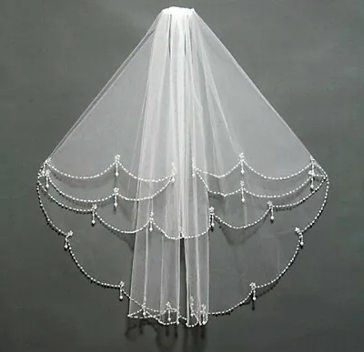 UK New 2 Layer White/Ivory Elbow Length Beads Edge Wedding Bridal Veil + Comb  • £7.99