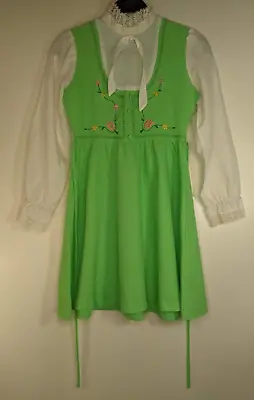 Girl's Dress A-Line Vintage Apron Bow Green Floral Long Sleeve High Collar 13 22 • $42.14