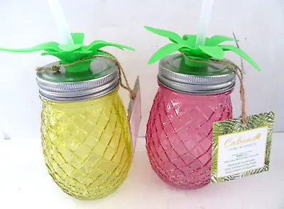(Set Of 2) Pineapple Shaped Glass Cocktail Drinking Mason Jar Tumbler W/ Straw • $18.95