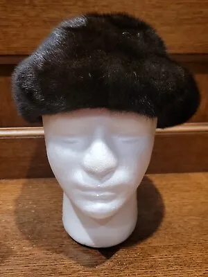 Vintage Women Ladies Mink Fur Hat Cap Pillbox Bucket Beret Black  7 1/4 58CM • $22.98