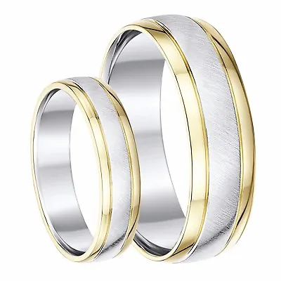 9ct Yellow Gold & Sterling Silver Rings His & Hers 5&6mm Wedding Set UK Hallmark • £224.86