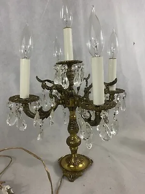 $259.99 • Buy Vintage Electric Brass Table Candelabra Glass Crystal Prisms Works Table Lamp