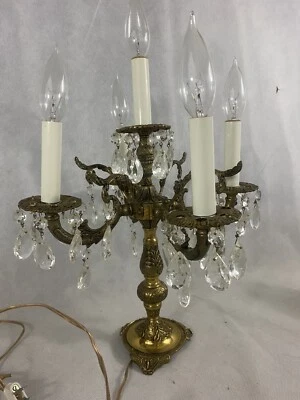 Vintage Electric Brass Table Candelabra Glass Crystal Prisms Works Table Lamp • $259.99