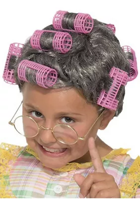 Old Lady Wig With Curlers Gray Hair Child Aunt Gertie Costume Girls Kids Short • $17.95