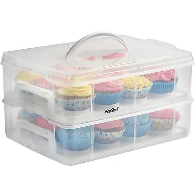 24 Cupcake Muffin Carrier VonShef Clear 2 Tier Stackable Cake Caddy W/ Handle • £22.99