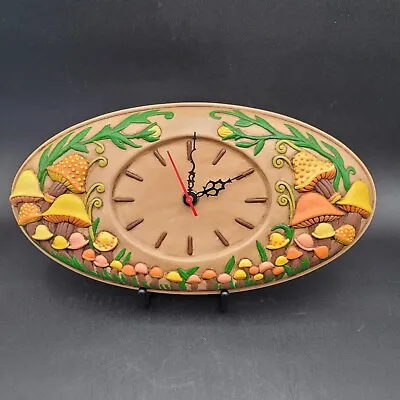 1970s Vintage MUSHROOM WALL CLOCK Tested Boho Hippie Style Oval Earth Colors • $49.99