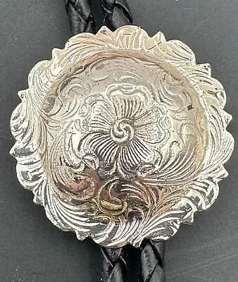 Vintage Bolo Tie Heritage Mexico Round Flower Braided Cord Silvertone Metal • £28.91