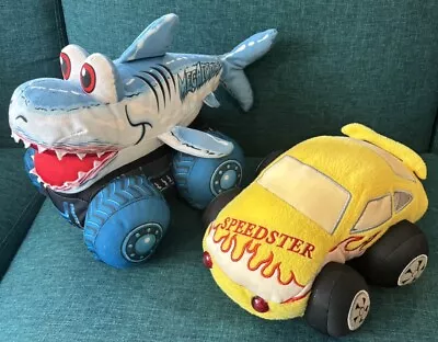 Monster Jam Megalodon Shark Plush Truckin + Yellow Racer Stuffed Toy Car Pillows • $13.99