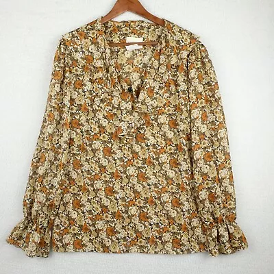 Vintage Shirt Top Womens Medium Beige Floral Ruffle Front Cottagecore 80s • $10.49