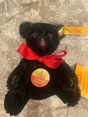 Steiff Vintage 1980s Miniature Original Teddy Bear Black Mohair 0209/12 NWT Bow • $30