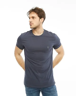 All Saints Mens Nebula Blue Tonic Crew T-Shirt Designer Cotton Logo Slim Tee Top • £19.99