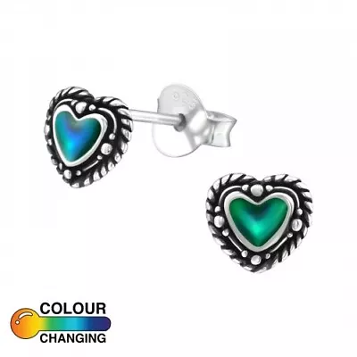 925 Sterling Silver Heart Mood Changing Stud Earrings Boxed • $11.04