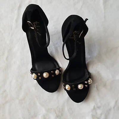 Black Heels EU 38 UK 5 Open Toe Faux Velvet Dressy Shoes Pearl Studded • £4.25