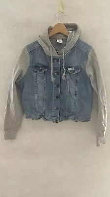 Ghanda Womens Size 14 Denim Jacket Hooded Button Up 100% Cotton Blue Grey • $22