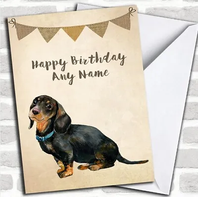 Vintage Burlap Bunting Watercolour Dachshund Dog Personalised Birthday Card • £3.95