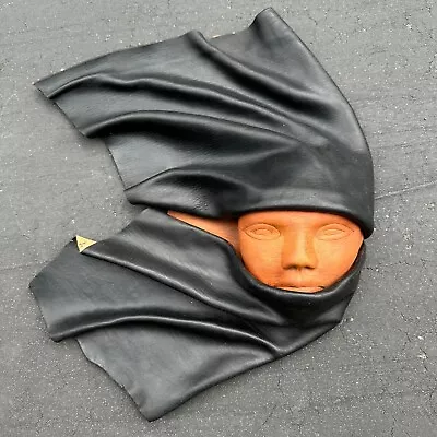 Draped Black Leather Woman's Face Mask Hanging Wall Art Sculpture Vintage • $33.95