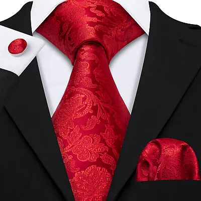 Bright Red Floral Mens Wedding Tie EXTRA Long Silk Woven Necktie Cufflinks Set • $11.99