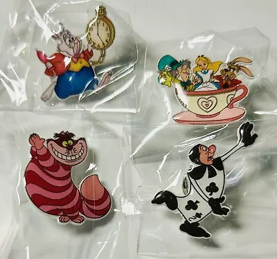 Vtg Disney Alice In Wonderland 4 PC Pin Set 1” PVC Teacup Rabbit 2 Of Clubs New • $14.39