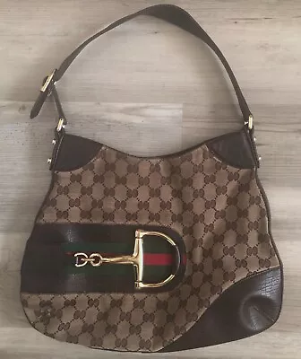 Authentic Gucci Canvas Hasler Horse Bit Hobo Brown Monogram Handbag • $350