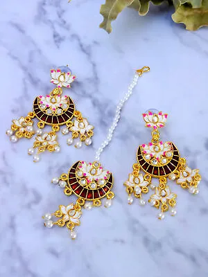 Indian Meenakari Enamel Kundan Pearl White Chandbali Earrings & Maang Tika Set • $13.99