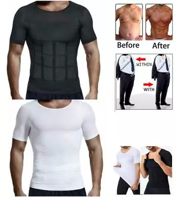 Men's Slimming Body Shaper Vest Slim Chest Belly Waist Boobs Compression T-Shirt • £6.99