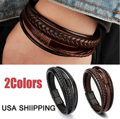 Men Jewelry Black Braided Leather Bracelet Multi-Layer Stainless Steel Clasp US • $5.25