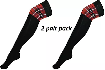 Ladies 2 Pair Pack Of Back And Red Tartan Top Over The Knee Socks • £7.99