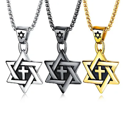 Mens Star Of David Messianic Cross Pendant Necklace Stainless Steel Chain 24  • $11.99