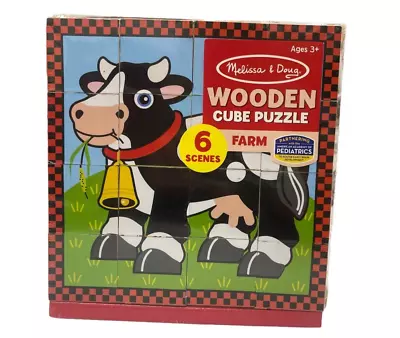 New Melissa & Doug Wooden Cube Puzzle FARM 16 Blocks 6 Scenes Pig Sheep Cow More • $14.99